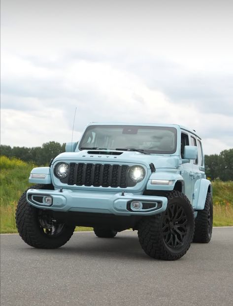 White And Blue Jeep Wrangler, Light Blue Car Aesthetic, Light Blue Jeep Wrangler, Light Blue Jeep, Black Jeep With Blue Accents, Jeep Wrangler Blue Grey, Blue Jeep Wrangler, White Jeep, Blue Jeep