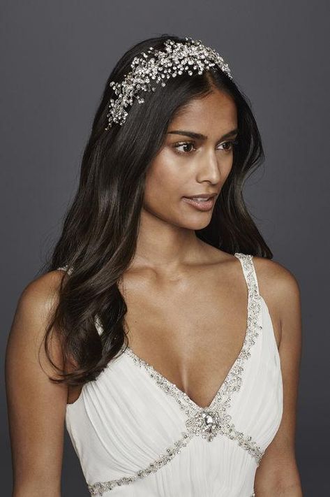 A romantic headpiece from Jenny Packham Wonder, available at David's Bridal, makes a pretty option for the boho or beachy bride (or someone who wants a tiara or crown, but not a tiara or crown...) Jenny Packham Wedding Dresses, Hair Down Styles, Bridal Hair Down, 2016 Wedding, Simple Wedding Hairstyles, Bridal Hairstyle, Affordable Wedding Dresses, Crystal Headband, Frocks For Girls