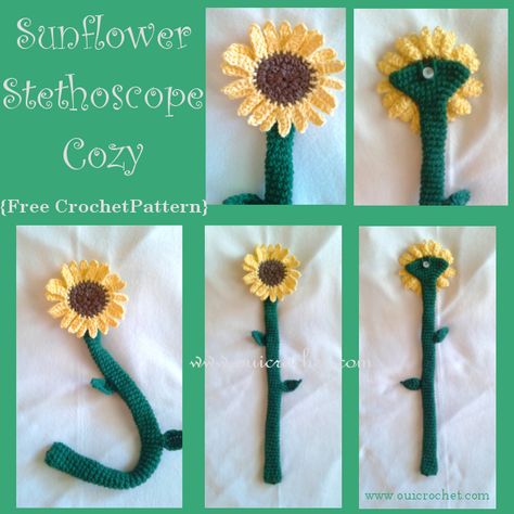 Sunflower Stethoscope Cozy {Free Crochet Pattern} Crochet Cowl Free Pattern, Crochet Puff Flower, Stethoscope Cover, Crochet Cozy, Crochet Disney, Crochet Sunflower, Crochet Bookmarks, Crochet Flower Patterns, Amigurumi Free