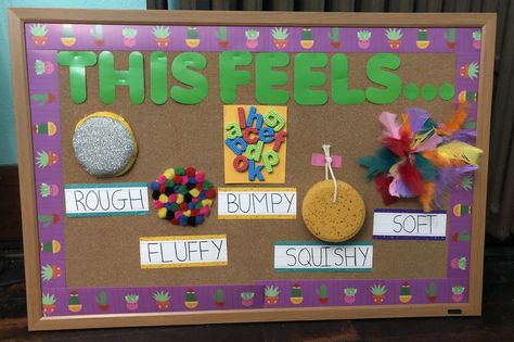 Preschool Sensory Board, Touch Board Sensory, Sensory Touch Board, Sensory Family Theme, Senses Art Activities Preschool, Sensory Bulliten Board, 5 Senses Board Preschool, Sensory Display Boards, Sensory Wall For Preschool