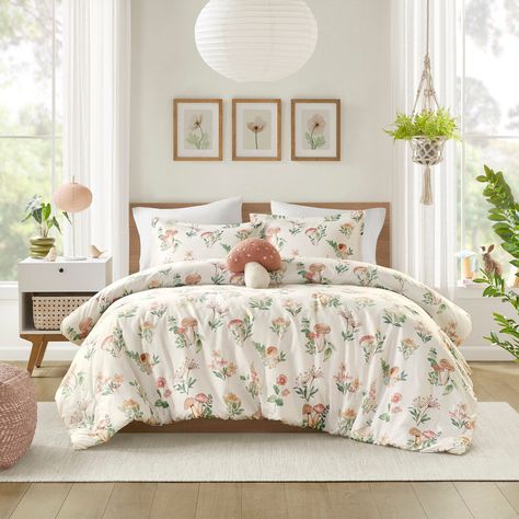 Mushroom Bedroom, Woodland Bedding, Mushroom Garden, Floral Comforter Sets, Floral Comforter, Cute Mushroom, Shaped Pillow, Cottage Bedroom, Set Bed