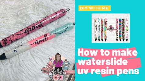 A quick tutorial on how to make the glitter epoxy pens with uv resin and clear waterslide decals Resin Jewlery, Epoxy Pens, Diy Uv Resin, Resin Pens, How To Make Glitter, How To Make Resin, Pen Craft, Diy Silicone, Pen Diy