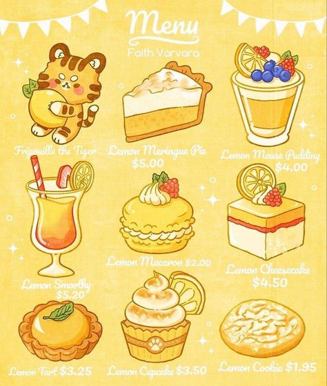 Cute Menu Drawing, Kawaii Art Cute Food, Kawaii Food Illustration, Kawaii Food Art, Faith Varvara, Lemon Cute, Lemon Sweets, Aesthetic Dessert, Food Doodles