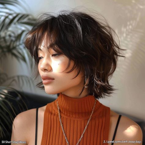 50 Short Shag Hairstyle Ideas Shaggy Short Haircuts With Bangs, Medium Bob With Layers And Bangs, Short Haircuts For Oblong Face Shape, Texturized Bob With Bangs, Short Hair With Choppy Layers, Layered Hair Short With Bangs, Short Bangs Shag, Shag Bob Haircut With Bangs, Cub Cut Hairstyle Women