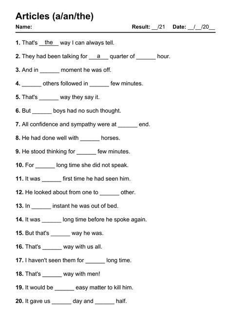 Articles - Test 2 [21 Questions] Articles Worksheet For Class 4, Articles Worksheet With Answers, English Vocabulary Exercises, English Grammar Pdf, Articles Worksheet, Picture Comprehension, Singular Nouns, Vocabulary Exercises, 21 Questions