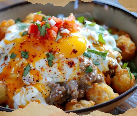 Hearty Tater Tot Breakfast Bowls with Spicy Sausage Gravy Tater Tot Breakfast Bowl With Sausage Gravy, Tater Tot Breakfast Bowl, Ground Sausage Breakfast, Spicy Sausage Gravy, Foil Dinners, Tater Tot Breakfast, Breakfast Meals, Breakfast Bites, Spicy Sausage