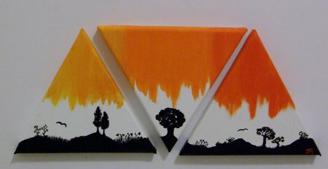 Three-piece triangle canvas painting of an orange sunset pouring over a landscape silhouette. Ideal for adding a creative touch to a hallway, living room or even a child's room! If you like it, it's available for purchase at www.joysartwork.etsy.com. Triangle Canvas Painting Ideas, Triangle Canvas Painting, Easy Small Paintings, Triangle Painting, Triangle Canvas, Diy Wall Painting, Pen Art Drawings, Canvas Painting Ideas, Easy Canvas