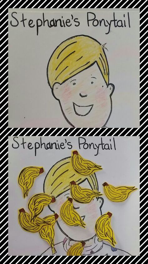 "Stephanie ' s Ponytail" by Robert Munsch. My kindergarten students played Pin the Ponytail on Stephanie.  This is the before and after. They had alot of fun! "It's MY ponytail and I like it!" Robert Munsch Activities Preschool, Robert Munsch Activities, Nursery Ryhmes, Robert Munsch, School Library Bulletin Boards, Read Aloud Activities, School Lesson Plans, Author Studies, Library Decor