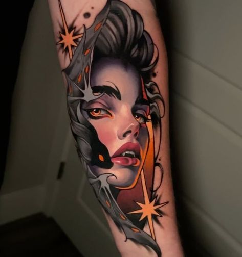 Neo Traditional Witch Tattoo, Neotraditional Tattoo Design, Vampire Lady, American Traditional Tattoo Ideas, Traditional Tattoo Ideas, Neotraditional Tattoo, Stencil Outline, Witch Tattoo, Inner Forearm