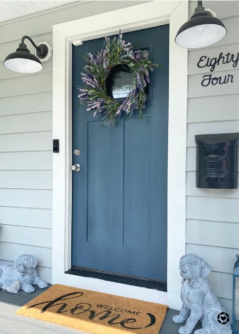 Blue Front Door, Black Mailbox, Lavender Wreath, Door Mat, House Numbers Blue House Navy Door, Door Colors For Light Blue House, Pop Of Color Front Door Gray House, Gray House With Blue Door, Black Shutters Blue Door, Dark Blue Door Exterior, Dusty Blue Front Door, Blue Door White House, Blue House Black Door