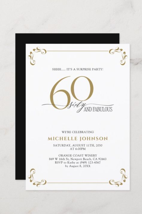 Surprise 60 & Fabulous Black & Gold Birthday Invitation
It's a special surprise 60th birthday, and it's time to celebrate! #60thbirthday #elegant #birthday #happybirthday #birthdaycards #birthdayparty #fabulous 60 Birthday Invitation, Black Gold Birthday, Surprise 60th, Invitation Card Birthday, 80th Birthday Invitations, 60th Birthday Invitations, Birthday Invites, Elegant Birthday, Gold Birthday