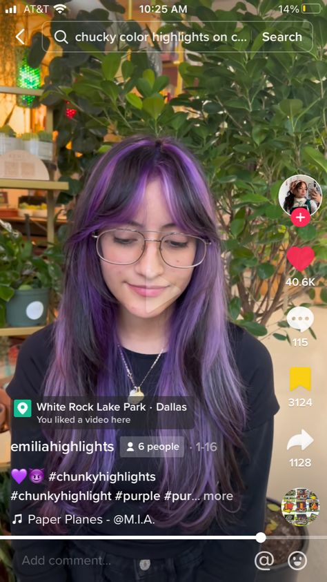 Black And Purple Hair Highlights, Brown Hair With Lilac Highlights, Long Purple Hair With Bangs, Short Purple Braids, Purple Hair Streaks Brown, Chunky Purple Highlights For Brown Hair, Chunky Highlights Color, Purple Chunky Highlights Brown Hair, Purple Streaks In Hair