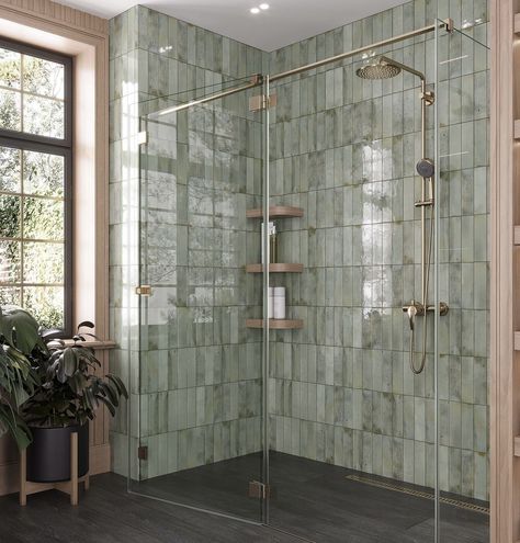 Master Bath Green Tile, Mediterranean Guest Bathroom, Sage Master Bath, Sage Green Modern Bathroom, Eucalyptus Green Bathroom, Master Bathrooms With Walk In Showers And Tubs, Modern Funky Bathroom, Sea Green Bathroom Tiles, Bathroom Interior Green Tiles