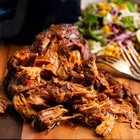 Slow-cooker Sticky Chilli Pulled Pork - Marion's Kitchen Sticky Pork Shoulder, Corn Coleslaw, Marion Kitchen, Tai Food, Pork Ideas, Marions Kitchen, Bowls Ideas, Marion Grasby, Sticky Pork