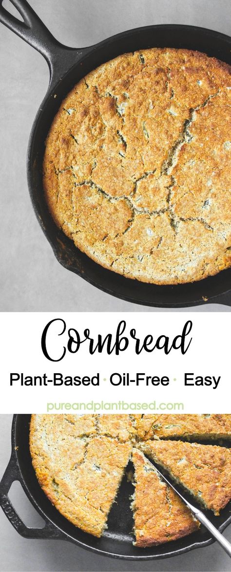 Whole Food Plant Based Cornbread, Easy Plant Based Recipes Dinner, Oil Free Cornbread, Plant Based Cornbread Recipe, Whole Grain Cornbread Recipe, Plant Based Bread, Wfpb Recipes No Oil, Wfpb Bread, Cornbread Healthy