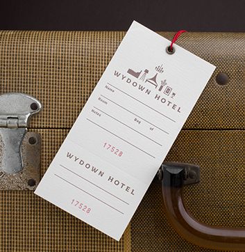 Luggage tag for Wydown Hotel | Chen Design Associates Hotel Luggage Tag, Boutique Names Ideas, Luggage Tag Design, Hospitality Branding, Luggage Tag Template, Vip Day, Fullerton Hotel, Luggage Tag Designs, Luggage Tags Wedding