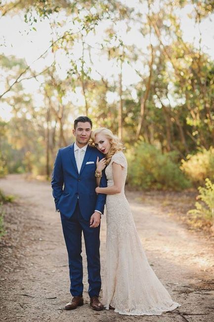 Ivory Champagne Wedding Dress. What color for bridal party? | Weddings, Wedding Attire | Wedding Forums | WeddingWire Blue Tuxedo Wedding, 2014 Wedding Trends, Navy Suits, Bush Wedding, 2014 Wedding, Wedding Dress Champagne, Suit Blue, Foto Tips, Tuxedo Wedding