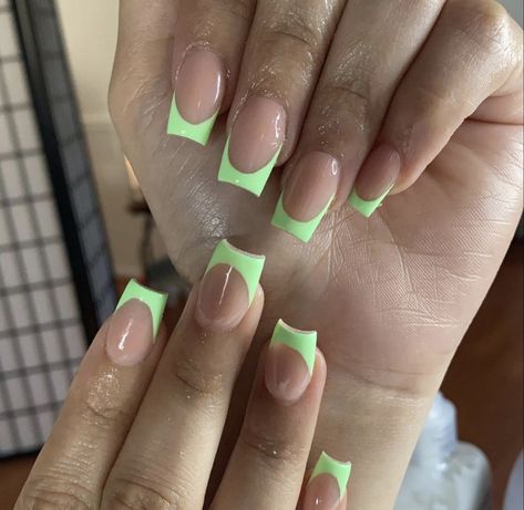 Short Sage Green French Tip Nails, Short Square Green French Tip, Light Green French Tip Nails Square, Green French Tip Nails Tapered Square, Short Lime Green Acrylic Nails, Lime Green Nails, Cute Short Nails, Short Square Nails, White Acrylic Nails