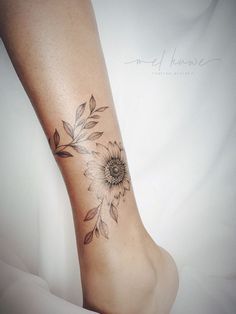 Sunflower Tattoo With Vines, Sunflower Wrap Tattoo, Sunflower Wrist Tattoo Bracelet, Sunflower Tattoo Wrap Around Arm, Sunflower Wrist Wrap Tattoo, Sunflower Anklet Tattoo, Sunflower Book Tattoo, Fine Line Sunflower Tattoo Forearm, Ankle Sunflower Tattoo