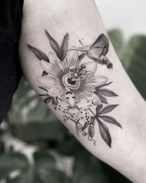 Passion Flower Tattoo Design, Passion Flower Tattoo Black And White, Passionfruit Flower Tattoo, Passion Fruit Flower Tattoo, Passion Flower Drawing, Passionflower Tattoo, Passion Flower Tattoo, Botanical Tattoo Sleeve, Pet Tattoo Ideas