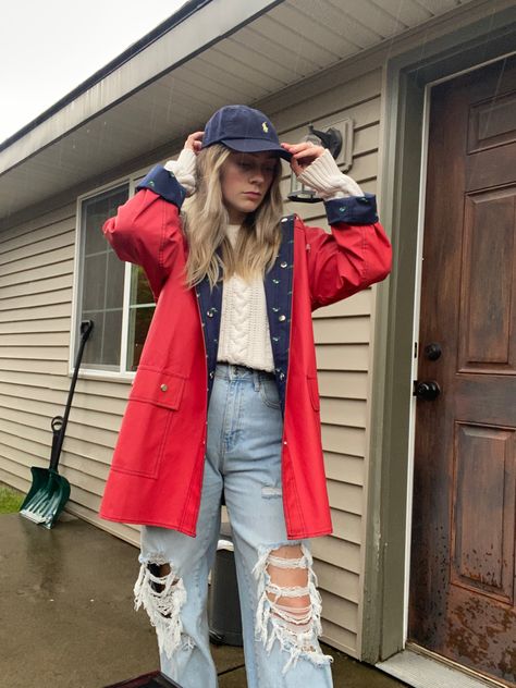 Red raincoat with fisherman’s sweater and oversized pants Red Raincoat Aesthetic, Red Rain Coat Outfit, Red Raincoat Outfit, Red Rain Jacket Outfit, Barn Coat Outfit, Red Rain Boots Outfit, Rain Jacket Outfit, Coastal Granddaughter Style, Red Rain Jacket