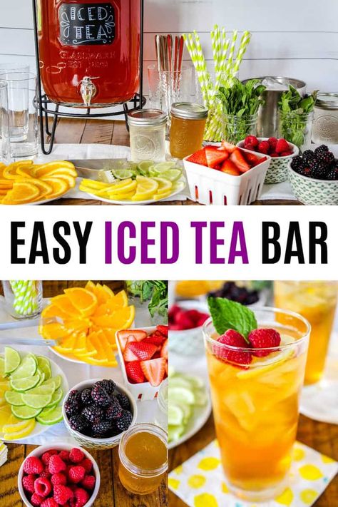 Perfect for summer, this Simple Iced Tea Bar is a fun way to entertain guests. Using black tea, add your favorite mix-ins for a variety of flavored teas! #RealHousemoms #icedtea #backyardbbq #brunch Ice Tea Party Ideas, Iced Tea Party Ideas, Tea Bar Ideas, Iced Tea Bar, Ice Tea Bar, Iced Coffee Bar, Easy Iced Tea, Iced Tea Party, Summer Iced Coffee