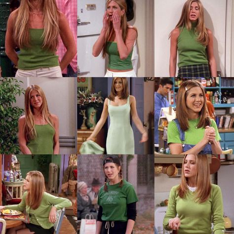 Rachel Summer Outfits, Rachel Friends Tattoo, Rachel Style Friends, Rachel Green Green Outfit, Friends Outfits Inspiration Rachel, 90s Fashion Friends Rachel Green, Rechal Green Style, Outfits From Friends Rachel Green, Rachel Green Outfits 2000s