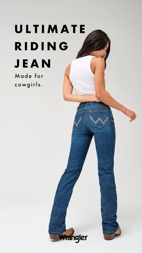 Step into a rider's favorite wearing the Ultimate Riding Jean. Each style is designed to fit your cowgirl needs down to the seam. Pick your pair and saddle up. Jean Collection, American Jeans, Levi’s Jeans, Lee Jeans, Wrangler Jeans, Western Wear, Women Collection, Saddle, Cowboy