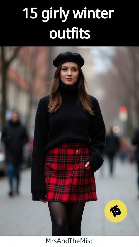 girly winter outfits Winter Outfits With Mini Skirts, Plaid Mini Skirt Outfit Winter, Black Mini Skirt Outfit Winter Tights, Cutesy Winter Outfits, Winter Mini Skirt Outfit, Skirt Winter Outfits, Tights And Skirt Outfit, Winter Outfits With Skirts, Plaid Mini Skirt Outfit