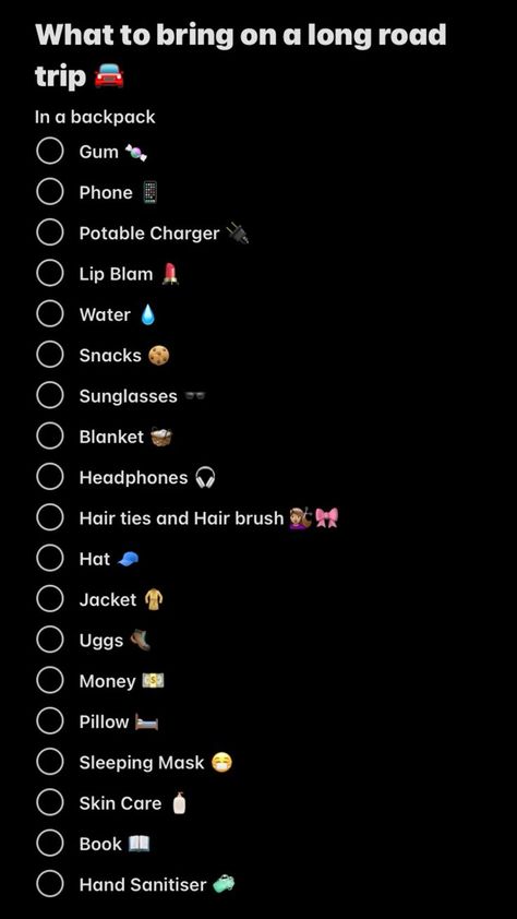 Things To Pack On A Long Car Ride, Packing List For A 3 Day Trip, What To Bring On A 6 Hour Drive, Thing To Pack For Road Trip, Stuff To Pack For A Long Car Ride, Things To Do On A 8 Hour Car Ride, What To Bring On Long Car Rides, What To Bring For A Road Trip, Fun Things To Do On A Car Ride
