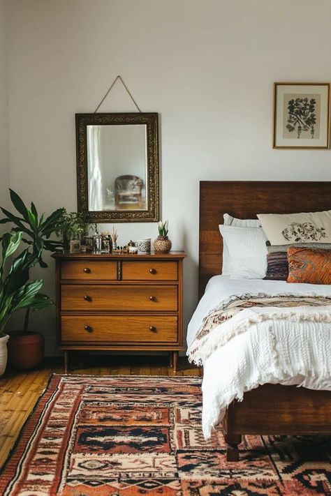 "Elevate your sleep space with the charm of Modern Boho Bedroom Decor! 🛏️🌿 Perfect for those who love a mix of modern and bohemian aesthetics. 🌟✨ #BohoInspiration #BedroomDesign #ModernLiving" Anthropologie Boho Bedroom, Scandinavian Bohemian Bedroom, Western Bohemian Decor, Modern Folk Aesthetic, Mid Century Modern Eclectic Bedroom, Mismatched Furniture Bedroom, Vintage Apartment Bedroom, Tiny Boho Bedroom, Midwestern Decor