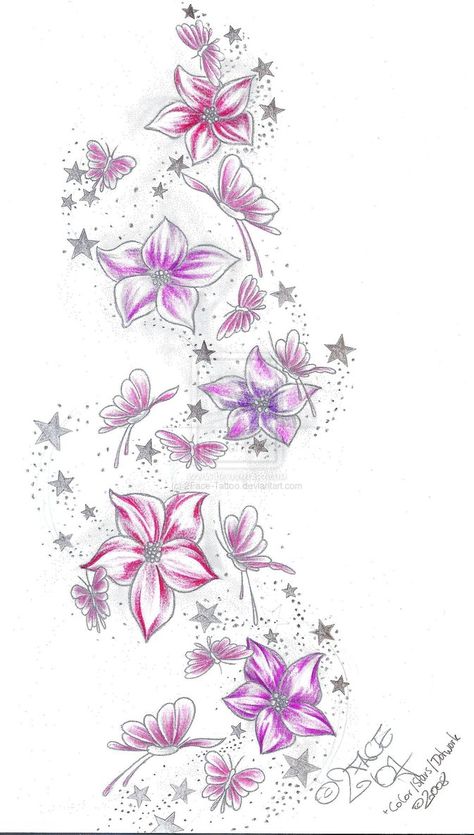 Butterfly With Flowers Tattoo, Butterfly Back Tattoo, Star Tattoo Designs, Vine Tattoos, Hawaiian Tattoo, Tattoo Desings, Butterfly Tattoo Designs, Tattoo Designs For Girls, Flower Tattoo Designs