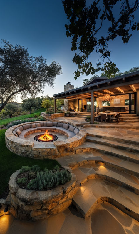 Elegant circular stone fire pit with built-in cushioned seating, set in a landscaped backyard with illuminated steps and a rustic patio. Fire Pit Pool Area, Sunk In Fire Pit Backyard Ideas, Sunken Fire Pit With Seating, Fire Pit Seating Area Ideas, Rock Seating, Deck With Fire Pit, Seating Area Ideas, Summer In Santorini, Sunken Fire Pit