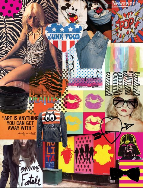 Junk Food Spring 2012 mood board!  #Pop Art #Debbie Harry #Warhol  #Color #Kisses #Classic #Disney #Love without limits    xoxoxoxo  www.junkfoodclothing.com Food Collage, Andy Warhol Pop Art, Pop Art Colors, Pop Art Fashion, Fashion Inspiration Board, Debbie Harry, Fashion Mood Board, Arts Ed, Mood Board Fashion