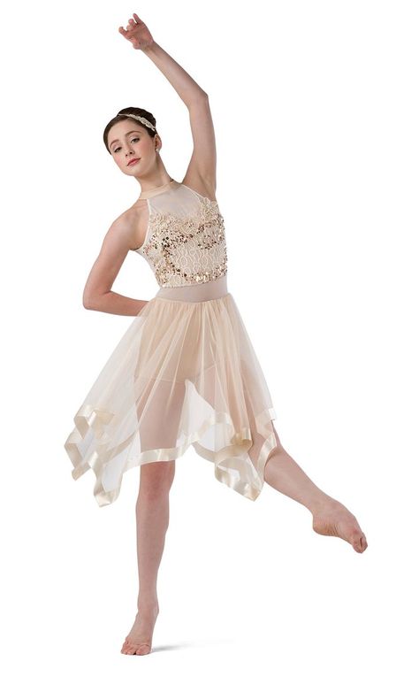 Ivory sequin lace over beige spandex shortie unitard with ivory mesh inset and illusion neckline. Attached ivory tulle mesh skirt with handkerchief hem. Ribbon and appliqué trim. Made in the USA / Imported. Appliqué headpiece included MC / LC / XLC SA / MA / LA / XLA Modern Dance Costume, Dance Recital Costumes, Cute Dance Costumes, Pretty Dance Costumes, Dance Costumes Dresses, Lyrical Dresses, Contemporary Dance Costumes, Lyrical Costumes, Dance Costumes Lyrical