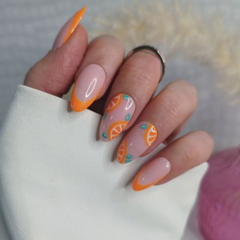 Orange French Tips Almond, Fruit Salad Nails, Nails Orange French, Orange French Tips, French Tips Almond, Orange French Tip, Nails Orange, Orange Nail Designs, 2024 Nails