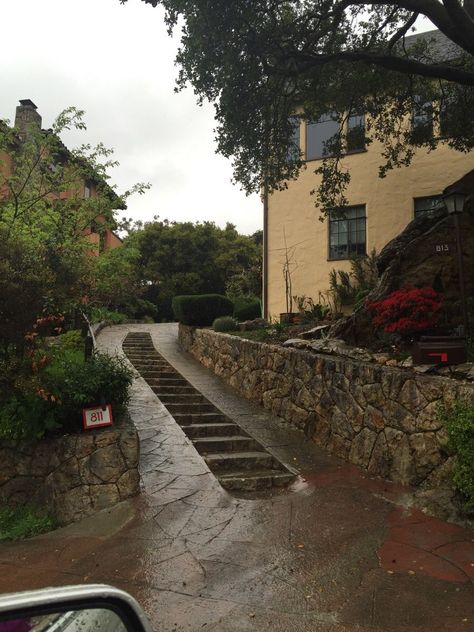 This steep driveway in San Francisco has stairs running up the middle Steep Hill Driveway Ideas, Steep Hillside Landscaping, Steep Driveway, Steep Gardens, Permeable Driveway, Ramp Stairs, Driveway Lighting, Driveway Entrance, Driveway Design