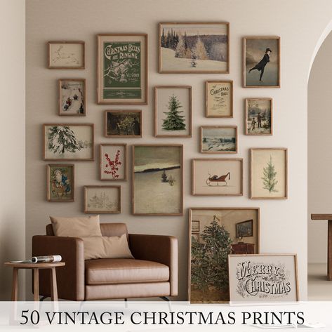 Vintage Christmas Print Set, Winter Holiday Wall Art Bundle, Printable Christmas Gallery Wall Set, Holiday Decor, Digital Prints by BLACKWALNUTPRINTS on Etsy Christmas The New Yorker, Framed Christmas Pictures, Gallery Wall Christmas Decor, Vintage Christmas Wall Decor, Vintage Christmas Artwork, Christmas Picture Wall, Christmas Decor Themes, Winter Gallery Wall, Vintage Christmas Prints