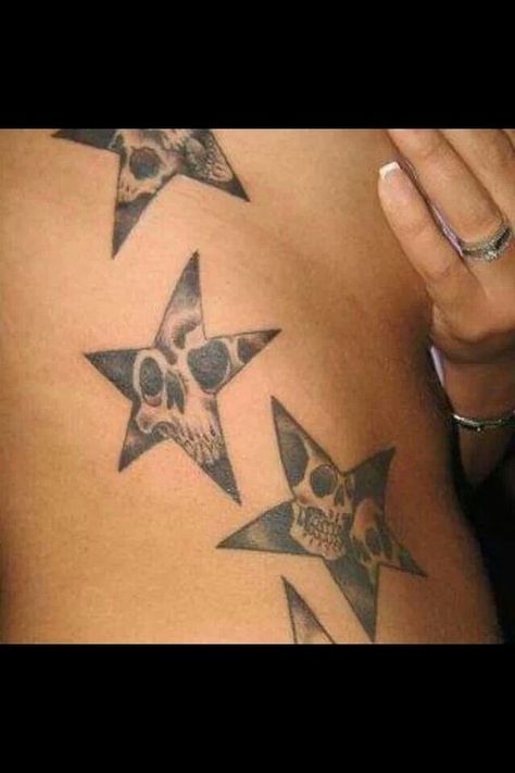 Skull stars, tattoo, star tattoos, chick tattoos Alt Star Tattoo, Skull And Stars Tattoo Design, Star Tattoos On Leg, Star Skull Tattoo, Goth Star Tattoo, Skull Star Tattoo, Star Chain Tattoo, Big Star Tattoo, Star Stomach Tattoos