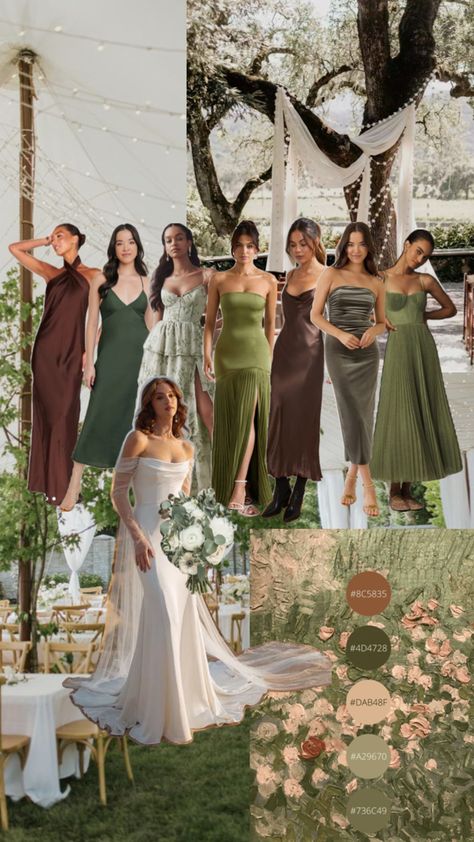 Brown Green Bridesmaid Dresses, Earthy Bridal Party, A&be Bridal Shop Sacramento, Muted Colors Wedding, Brown And Green Bridesmaid Dresses, Woodsy Bridesmaid Dresses, Green And Brown Bridesmaid Dresses, Mountain Wedding Bridesmaid Dresses, Brown And Green Wedding Theme