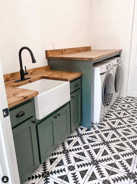 Laundry Room Closet Style Laundry Room, Saltillo Tile Laundry Room, Half Bath Half Laundry Room, Green Gold Laundry Room, Black White And Green Laundry Room, Laundry Room New Build, Laundry Room Design Colorful, Cottage Farmhouse Laundry Room, Hunter Green Laundry Room