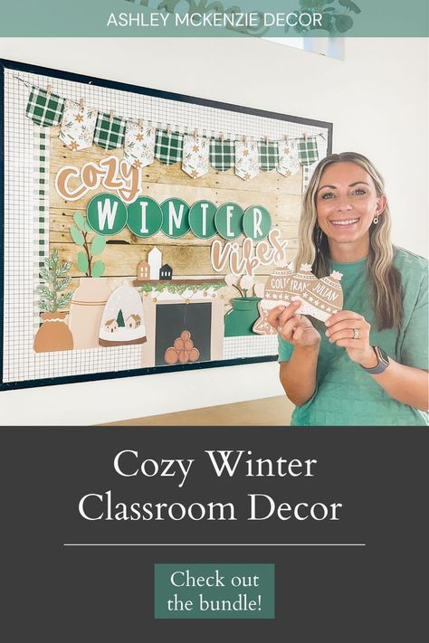 A teacher standing in front of a classroom bulletin board decorated with a modern winter decor kit featuring the saying "Cozy Winter Vibes." Winter Classroom Decor, Winter Classroom Decorations, Ashley Mckenzie, English Classroom Decor, Cozy Winter Decor, Winter Classroom, Elementary Classroom Decor, Door Decorating, English Classroom