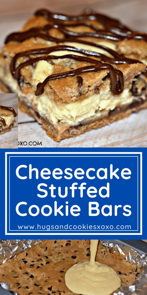 CHOCOLATE CHIP BARS STUFFED WITH CHEESECAKE - Hugs and Cookies XOXO Stuffed Cookie Bars, Cheesecake Stuffed Chocolate Chip Cookies, Cheap Deserts, Chocolate Chip Cream Cheese Bars, Pillsbury Chocolate Chip Cookie Dough, Pillsbury Chocolate Chip Cookies, Cream Cheese Bars Recipe, Cheap Desserts, Chocolate Chip Cheesecake Bars