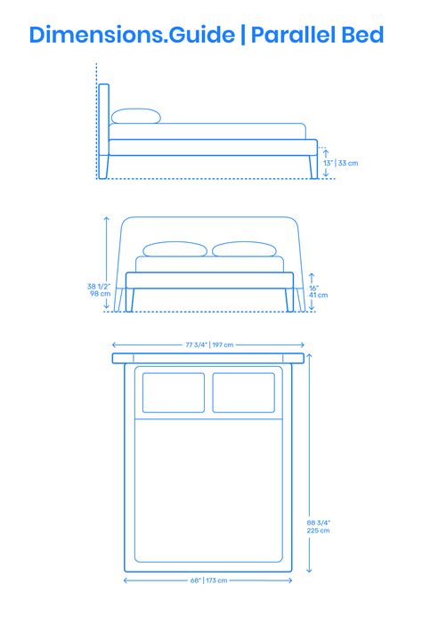 The Parallel Bed is an upholstered bed frame with a playfully shaped trapezoidal headboard. The Parallel Bed (Queen) has a length of 88 3/4” | 225 cm, headboard width of 77 3/4” | 197 cm, headboard height of 35” | 89 cm, footboard width of 68” | 173 cm, and platform height of 13” | 33 cm. Downloads online #furniture #beds #bedframes #bedrooms Bed Dimensions Height, Bed Height Standard, Bed Dimensions Cm, Malm Bed Frame, Ikea Malm Bed, Bed Queen Size, Bed Measurements, Malm Bed, Interior Design Sketchbook