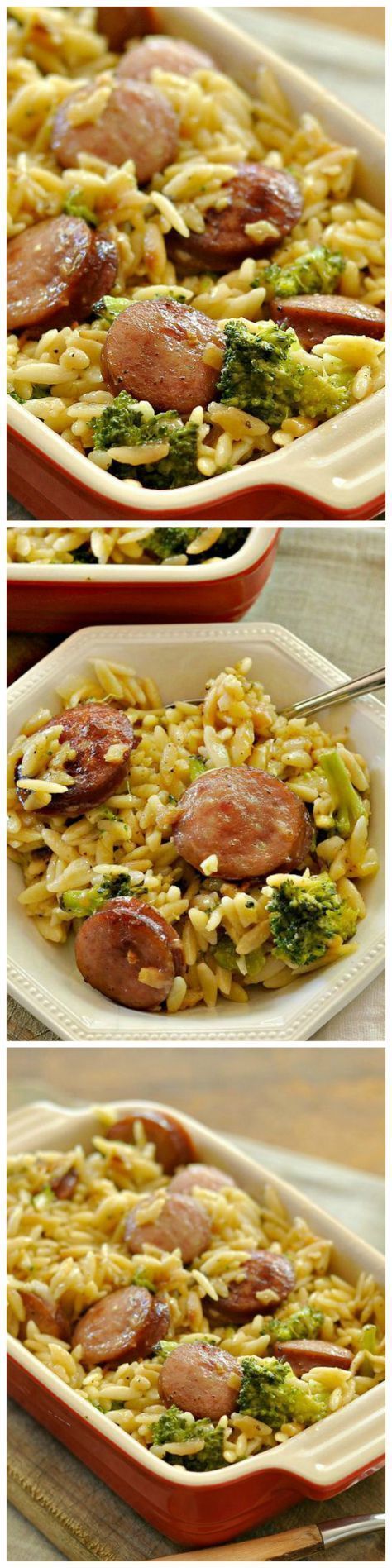 Used chicken and apple sausage; whole carton of fresh spinach, 2 garlic cloves, arborio rice cooked in broth; onion and yellow pepper; sun dried tomatoes; fresh thyme. So very delicious! Cheesy Orzo, Orzo Recipes, Apple Sausage, Arborio Rice, Fresh Spinach, Yellow Pepper, Kielbasa, Smoked Sausage, Dried Tomatoes