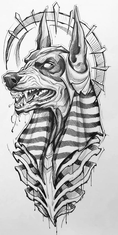 Egyptian God Tattoos, Ra And Anubis Tattoo, Egyptian God Drawing, Anubis Drawing Sketches, Anubis Tattoo Sketch, Egyptian Dog Tattoo, Anubis Cat Tattoo, Anubis Skull Tattoo, Anubis Drawing