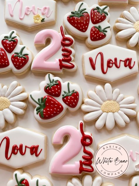 Two Sweet Party 2nd Birthday Strawberries, 2nd Birthday Strawberry Theme, Strawberry Second Birthday, Strawberry 2nd Birthday Party Theme, Two Sweet Party 2nd Birthday Strawberry, Strawberry Second Birthday Party, Strawberry Birthday Cookies, Strawberry 2nd Birthday Party, Strawberry Sugar Cookies Decorated