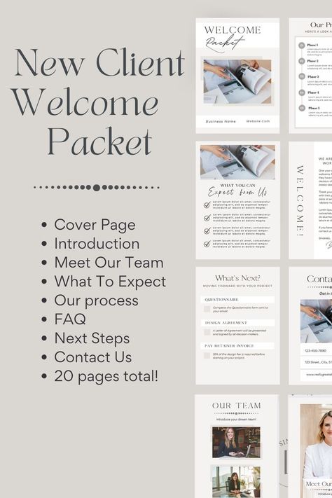 Salon Welcome Packet Ideas, Business Welcome Packet, Interior Design Client Welcome Packet, Interior Design Welcome Packet, Welcome Packets For New Clients, New Client Welcome Packet, Interior Design Business Plan, Client Welcome Packet, Real Estate Agent Marketing