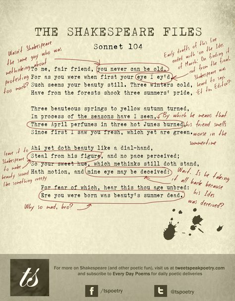 The Shakespeare Files: Sonnet 104 (Annotated) - Shakespeare Sonnets Aesthetic, Shakespeare Annotations, Shakespeare Novels, Annotations Aesthetic, Shakespeare Midsummer Night's Dream, Summer Kiss, Literature Notes, English Literature Notes, Shakespeare Sonnets