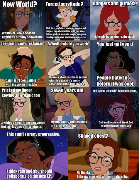 Hipster princesses--doing cool stuff before it was cool Funny Rapunzel, Hipster Disney Princess, Hipster Princess, Hipster Disney, Humor Disney, Disney Princess Memes, Funny Clean, Princess Videos, Funny Girls